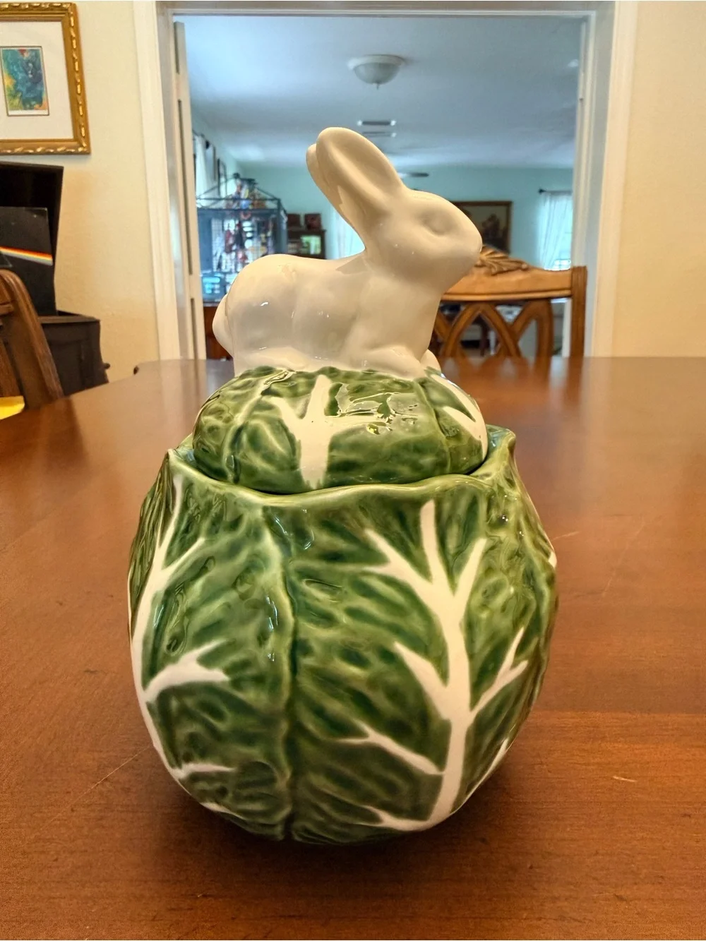 Maxcera Cabbages Ceramic Bunny Rabbit Cabbage Covered Jar Canister Easter Decor